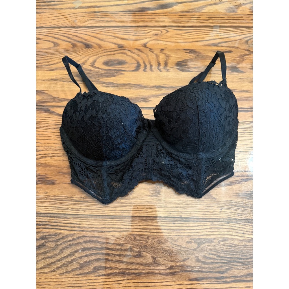 Victoria's Secret Corset Bra Women 34C Black Lace Longline Bustier Underwire